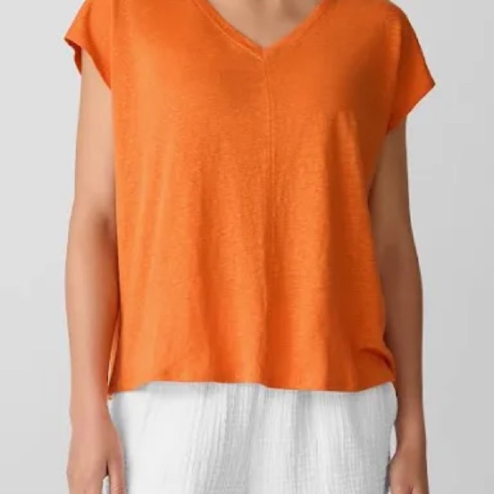 Organic Linen Eileen Fisher Orange V-Neck Women's Tee